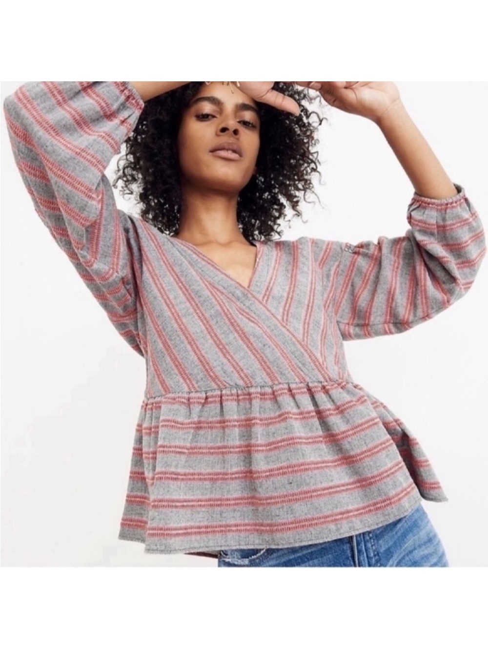 Madewell striped bubble sleeve peplum Top/Blouse/Shirt Sz M Gray Red